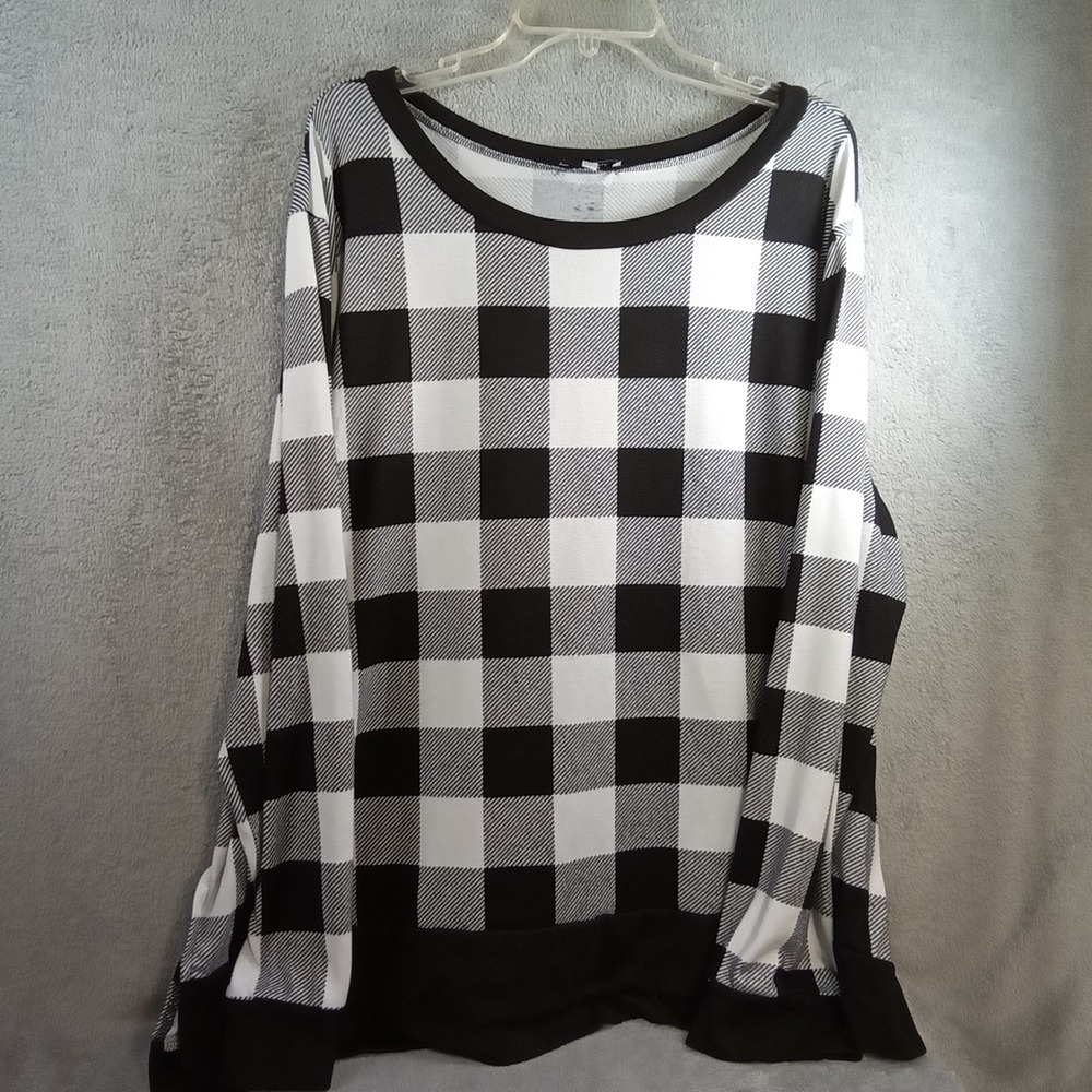 White Birch Womens 3X Buffalo Plaid Long Sleeve Scoop Neck Pullover Black White